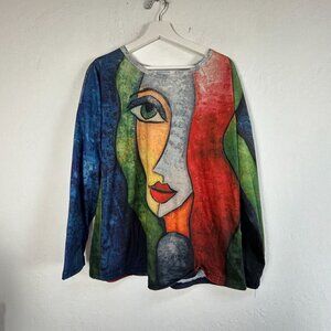 Misslook Womens Abstract Face Art Print Long Sleeve Top Large Multicolor Casual